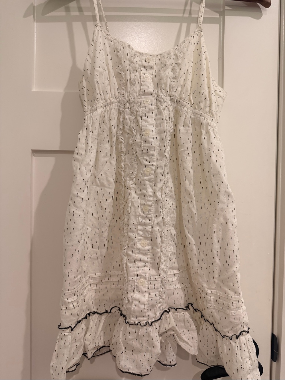 Forever 21 White Babydoll Sundress Black Trim Tiered Ruffle Ruched Back Strap S